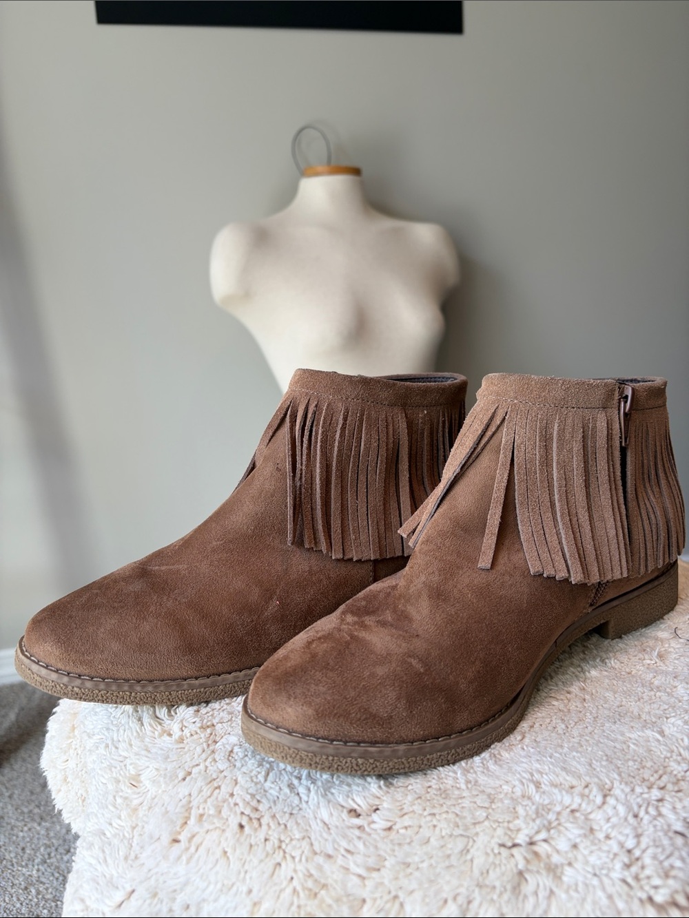 Women's Brown Faux-Suede Fringe Ankle Boots